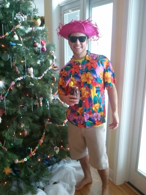 My younger brother wore a shirt my grandma brought back from Hawaii. The hat, courtesy of Goodwill. 